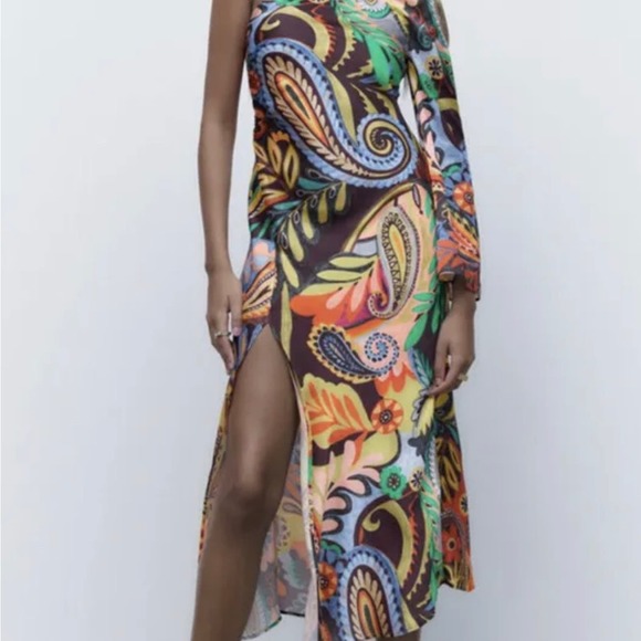 ZARA ONE SHOULDER PRINTED ASYMMETRIC DRESS MULTICOLORED - Picture 13 of 13